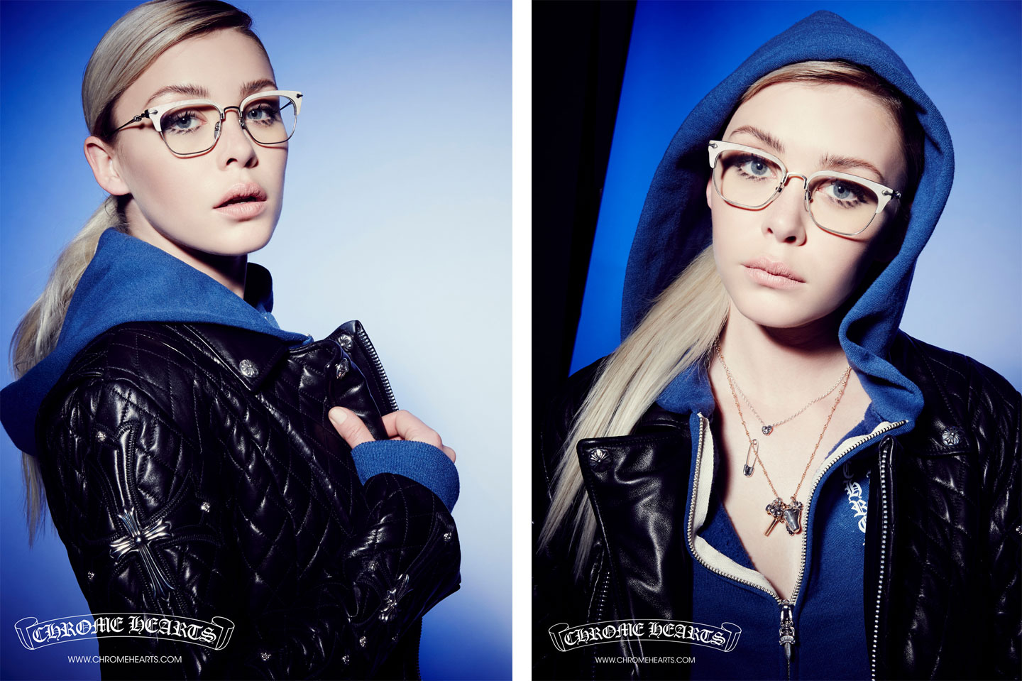 Lanna Lyon in CH glasses on blue backdrop | CHROME HEARTS Photography by Laurie Lynn Stark